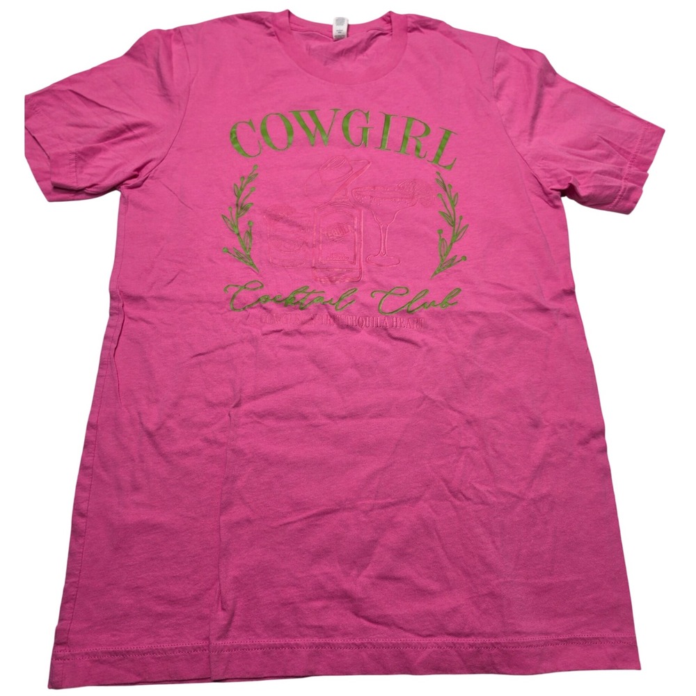 Bella Canvas Cowgirl Cocktail Club Pink Graphic T-Shirt Tequila Heart Medium